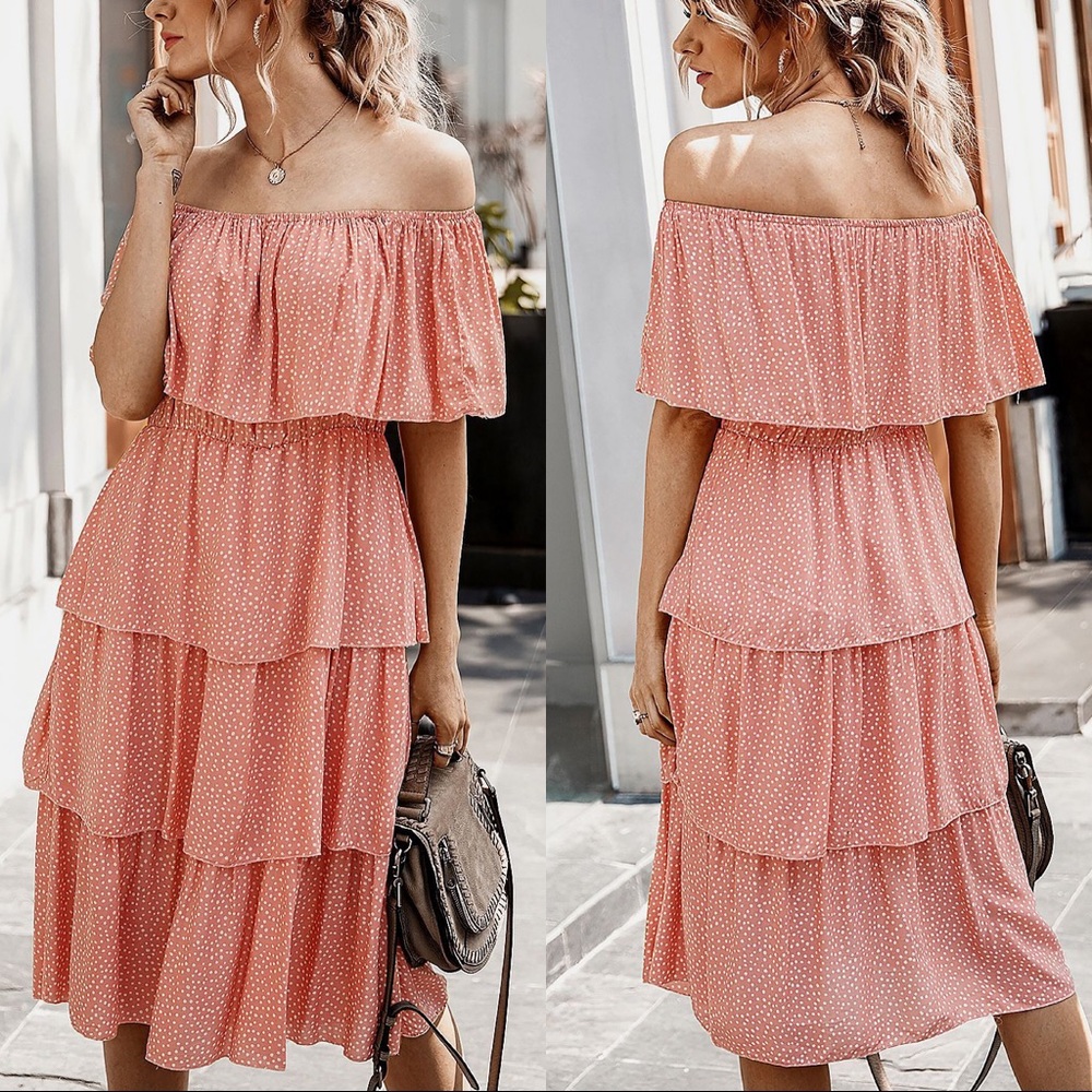 JUST IN🔥Coral Pink Off The Shoulder Tiered Dress